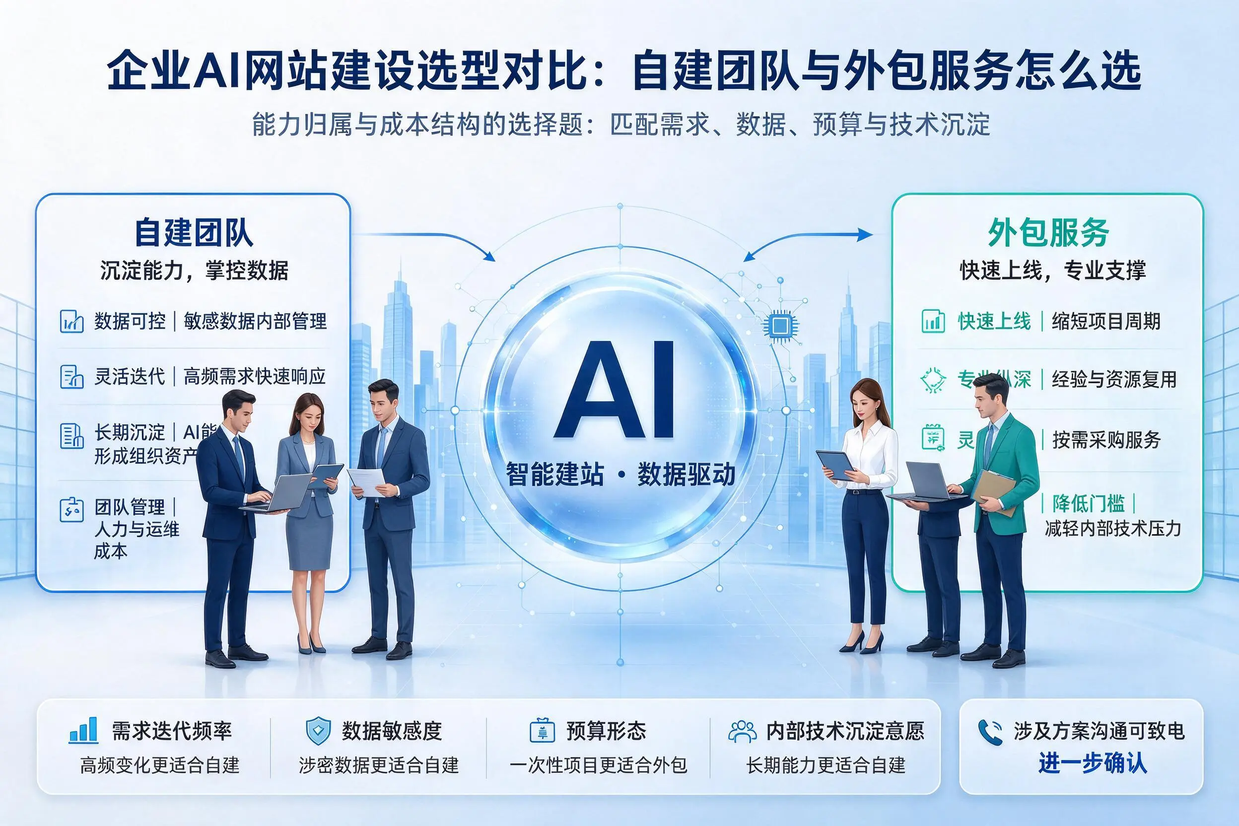 蚌埠企业AI网站建设选型对比：自建团队与外包服务怎么选